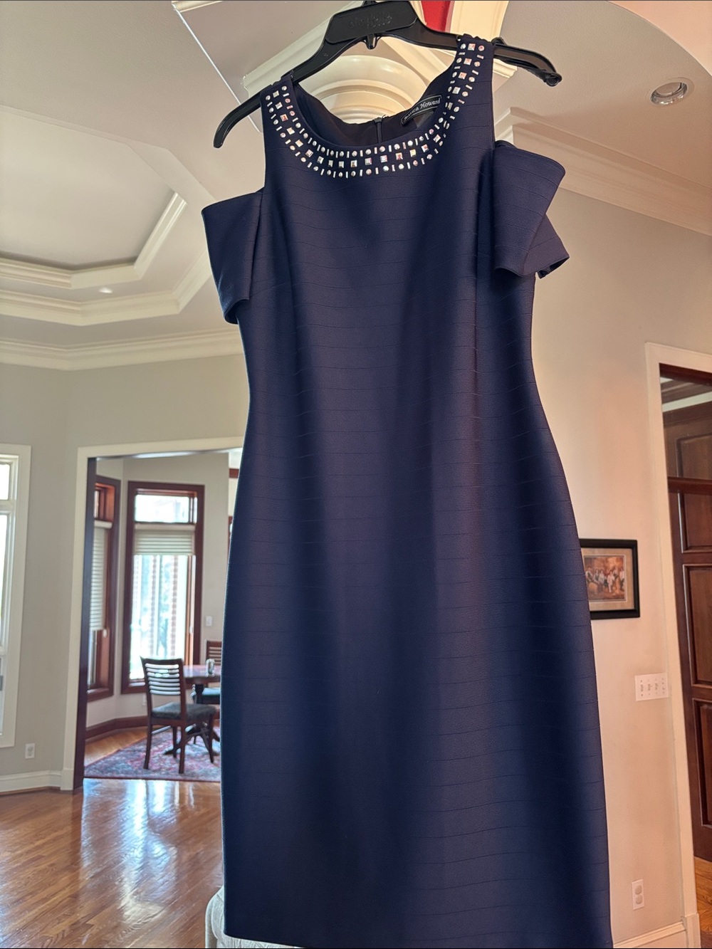 Jessica Howard Navy Cold-Shoulder Sheath Dress with Embellished Neckline